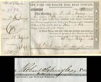 New York and Harlem Rail Road Co. signed by Robert Schuyler - Railway Stock Certificate